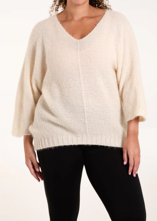 Fluffy texture v-neck jumper in cream