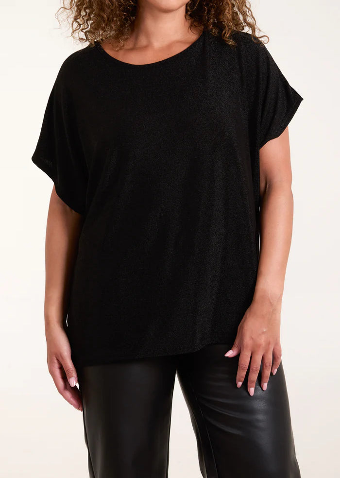 Shimmer round neck short sleeved top in black