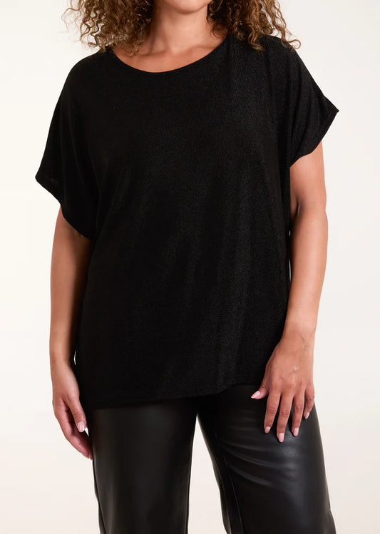 Shimmer round neck short sleeved top in black