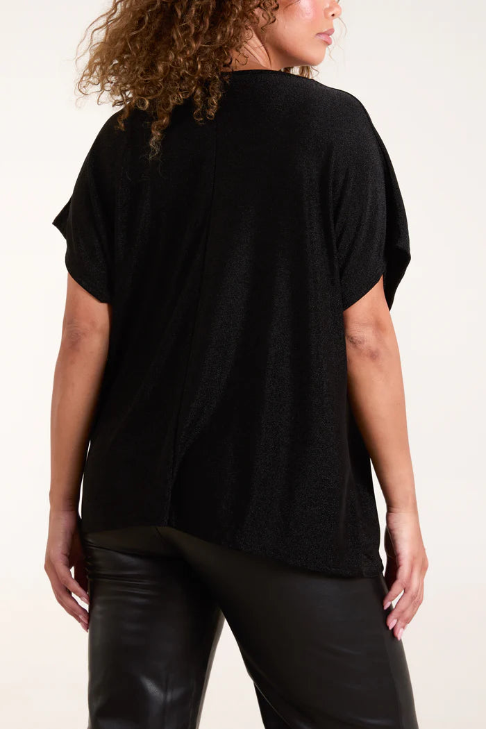 Shimmer round neck short sleeved top in black