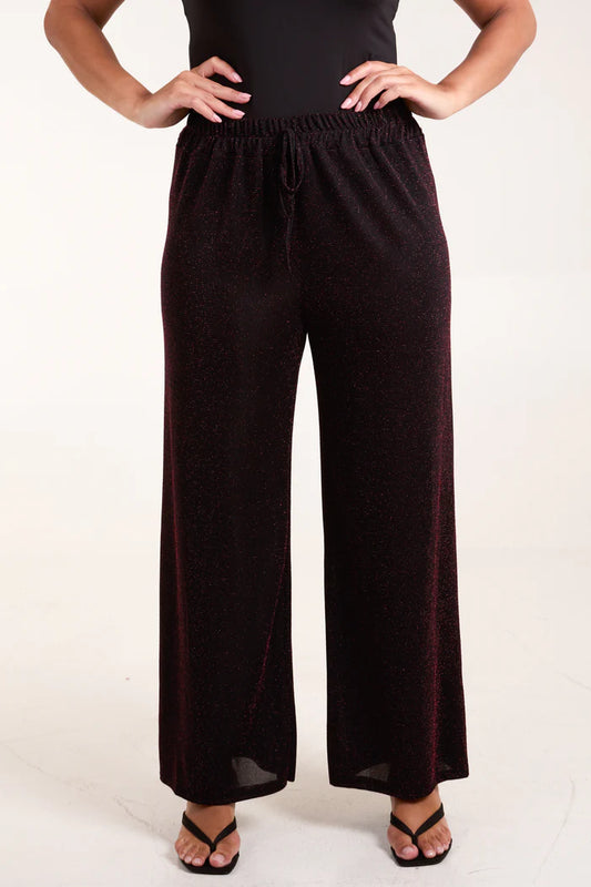 Shimmer drawstring wide leg trousers in Wine