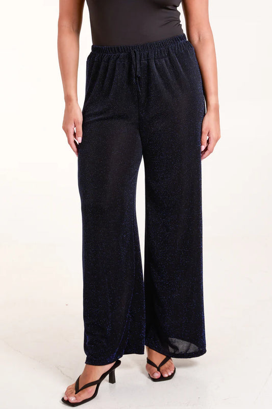 Shimmer drawstring wide leg trousers in Navy