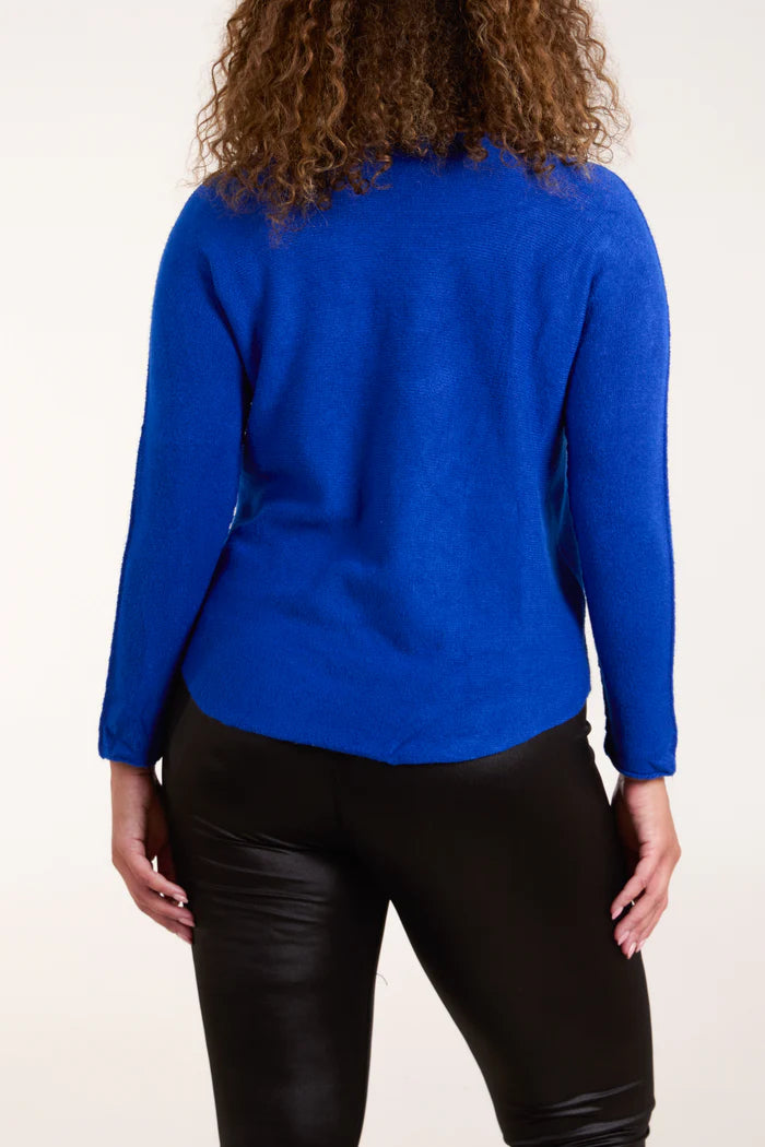 Boat Neck Raw Edge Jumper in Royal Blue