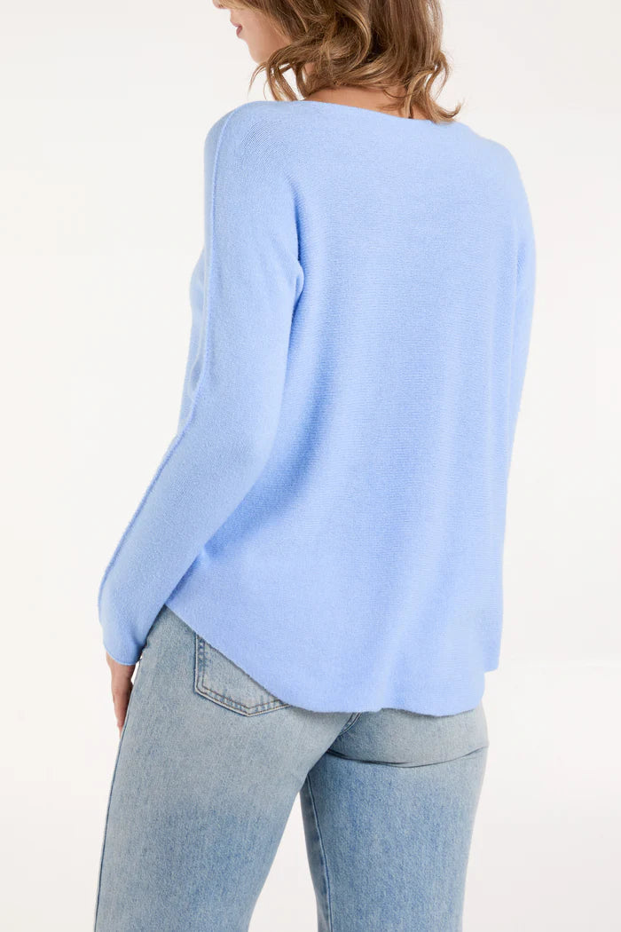 Boat Neck Raw Edge Jumper in Pale Blue