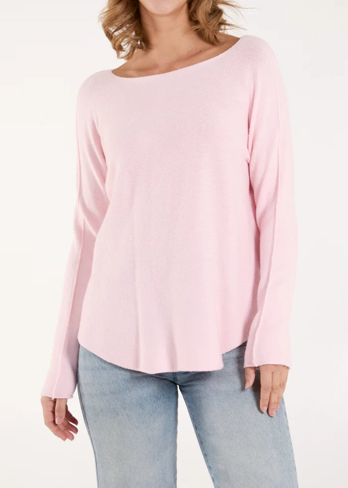 Boat Neck Raw Edge Jumper in Pink