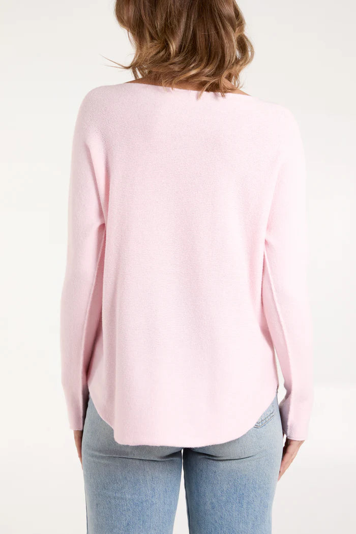 Boat Neck Raw Edge Jumper in Pink