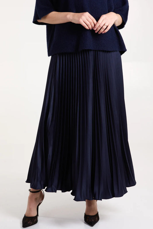 Satin Pleated Maxi Skirt in Navy