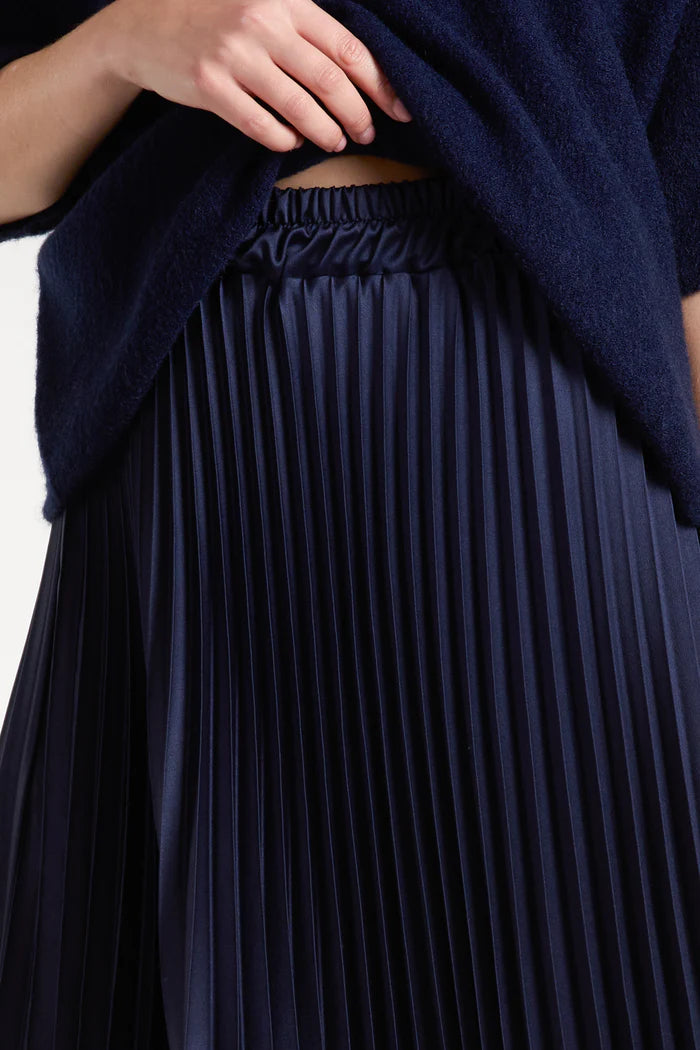 Satin Pleated Maxi Skirt in Navy