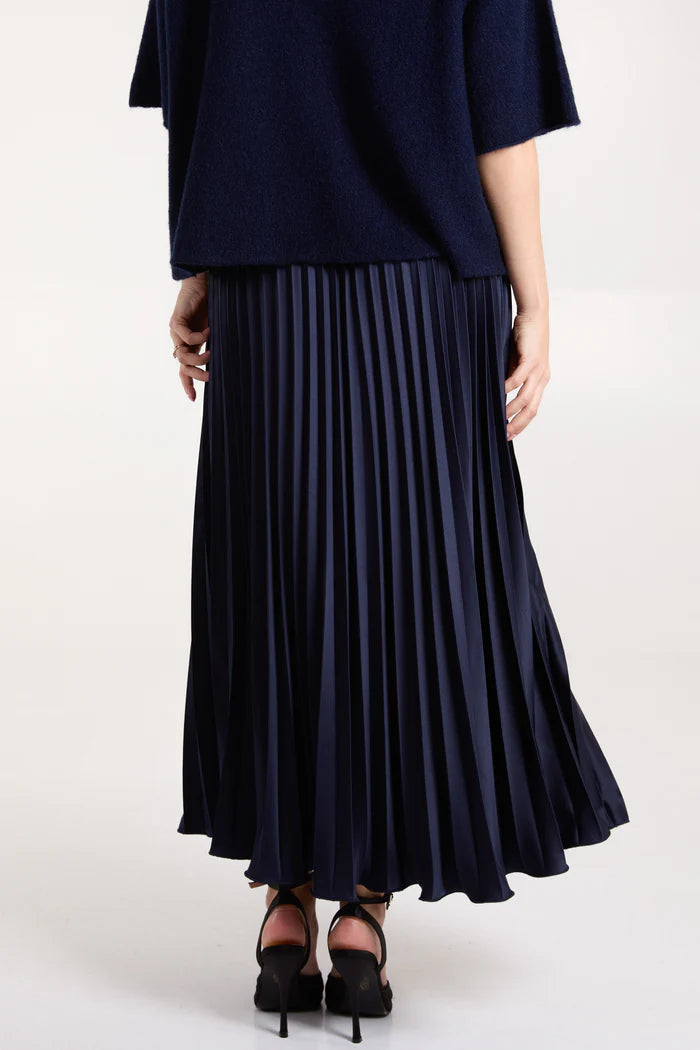 Satin Pleated Maxi Skirt in Navy