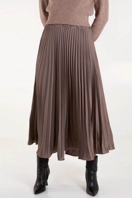 Satin Pleated Maxi Skirt in Mocha