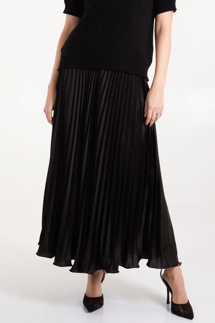 Satin Pleated Maxi Skirt in Black