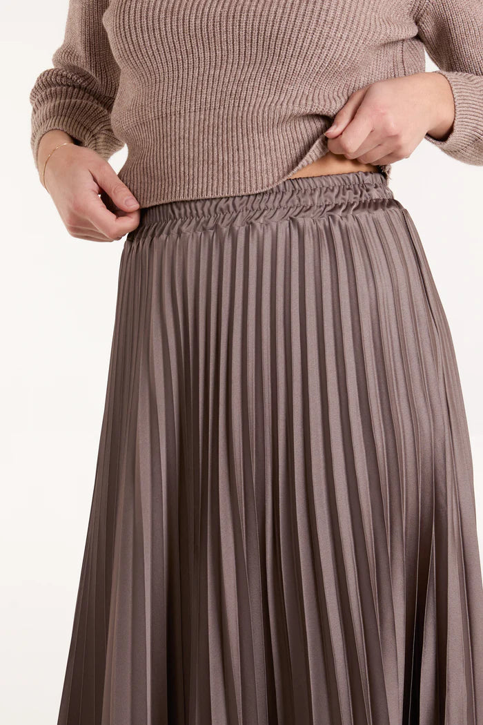 Satin Pleated Maxi Skirt in Mocha