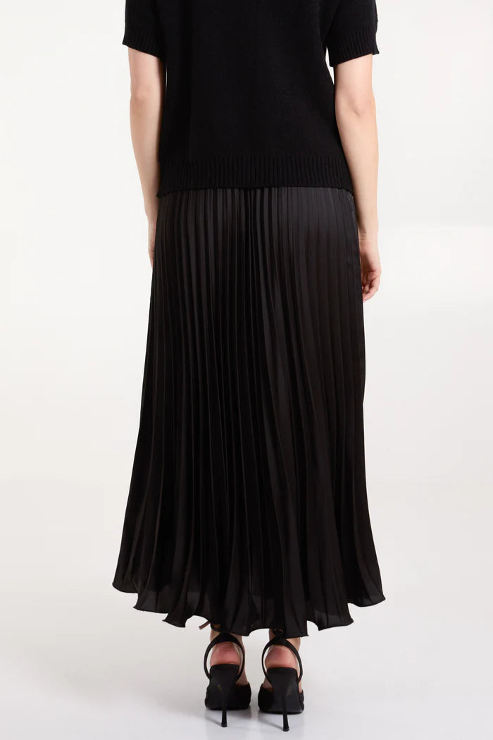 Satin Pleated Maxi Skirt in Black