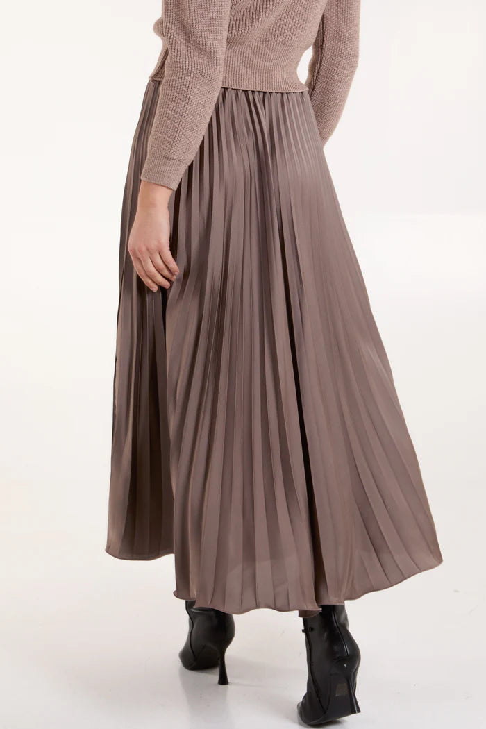 Satin Pleated Maxi Skirt in Mocha