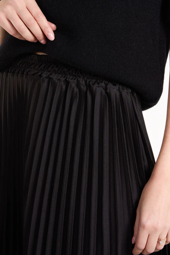 Satin Pleated Maxi Skirt in Black