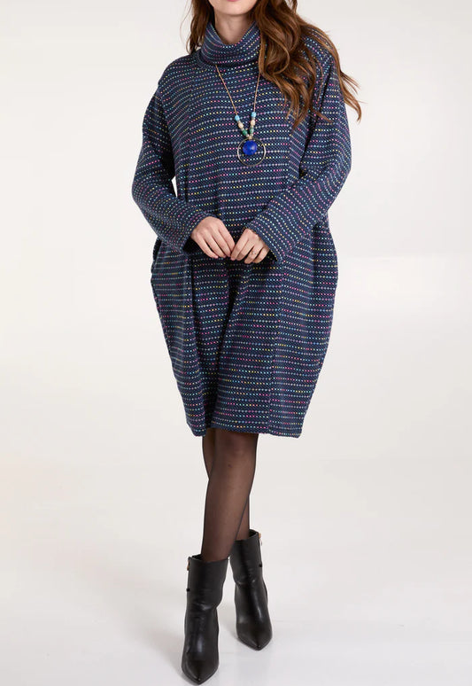 Speckled knit roll neck dress in Denim Blue