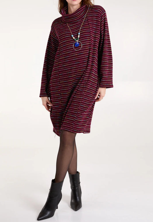 Speckled knit roll neck dress in Wine