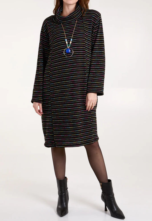 Speckled knit roll neck dress in Black