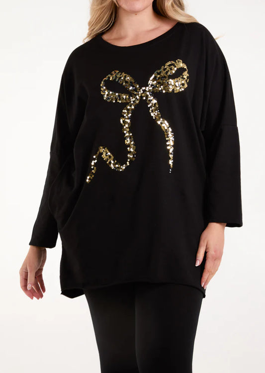 Sequin bow detail sweatshirt with pockets