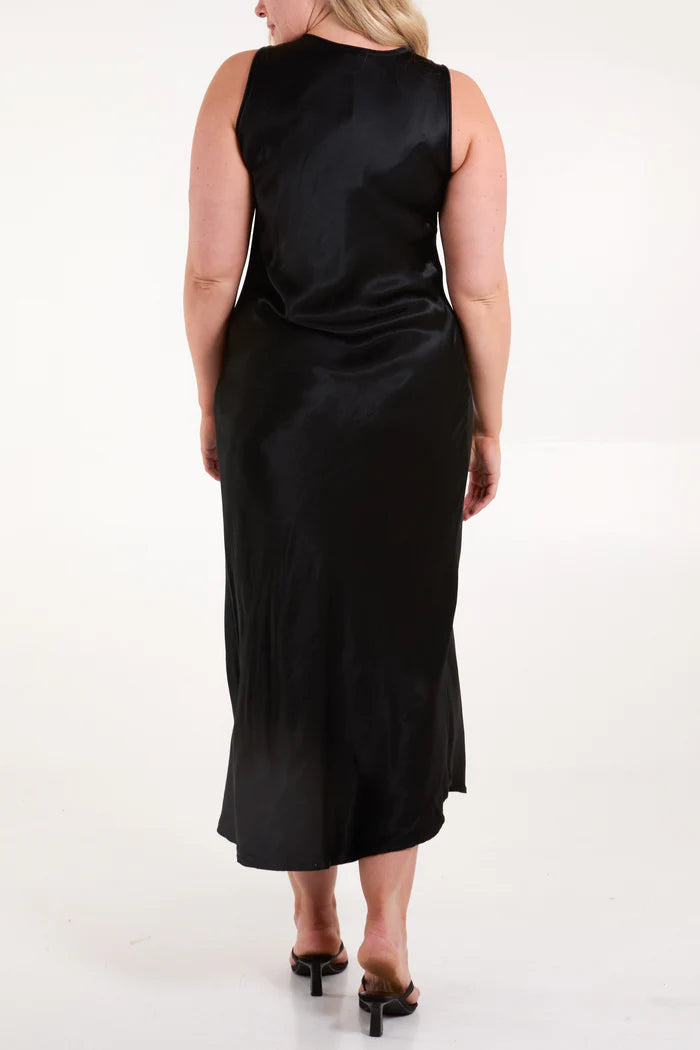 V Neck Bias Satin Maxi Dress in Black