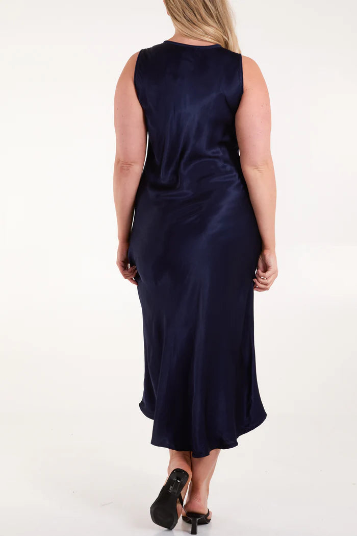 V Neck Bias Satin Maxi Dress in Navy