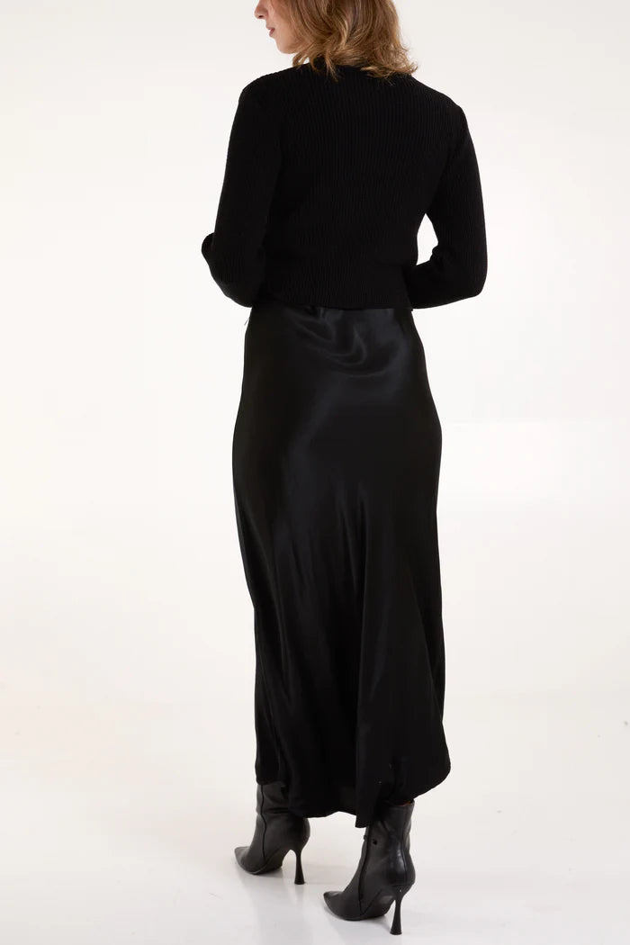 V Neck Bias Satin Maxi Dress in Black