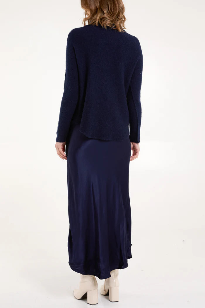 V Neck Bias Satin Maxi Dress in Navy