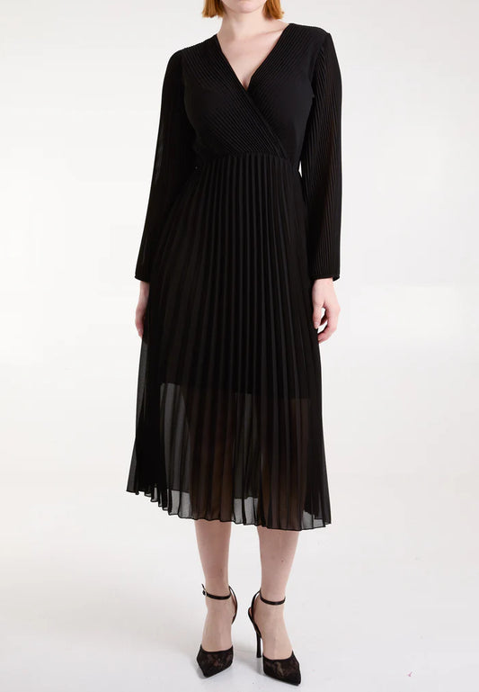 Wrap front pleated midi dress in black