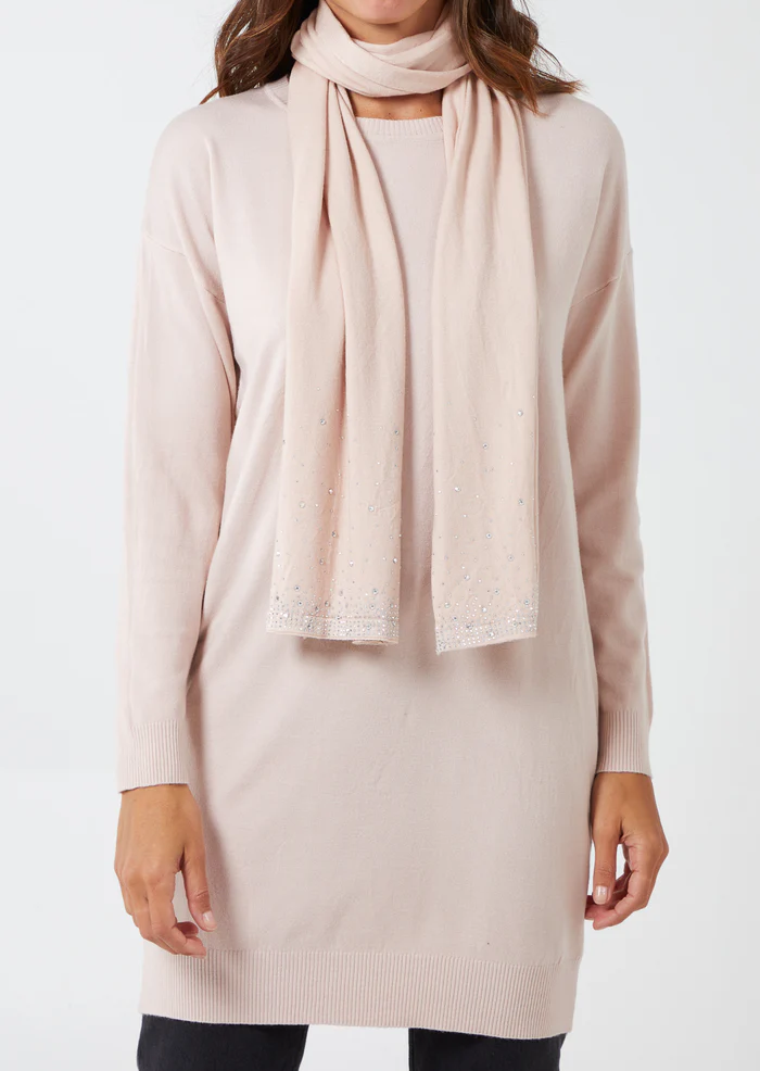 Long Crewneck Dress with Diamante Scarf in Pink