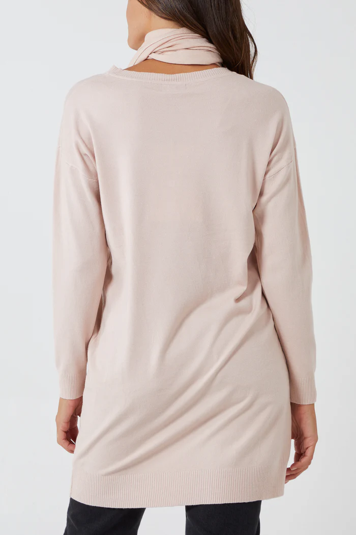 Long Crewneck Dress with Diamante Scarf in Pink