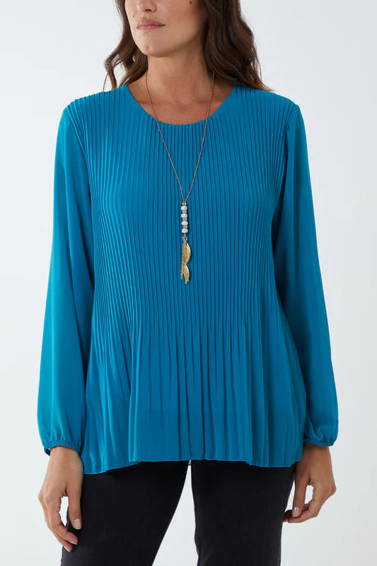 Teal Long Sleeve Pleated Top with Necklace