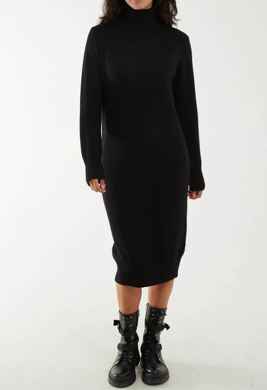 Soft knit Roll neck midi dress in Black