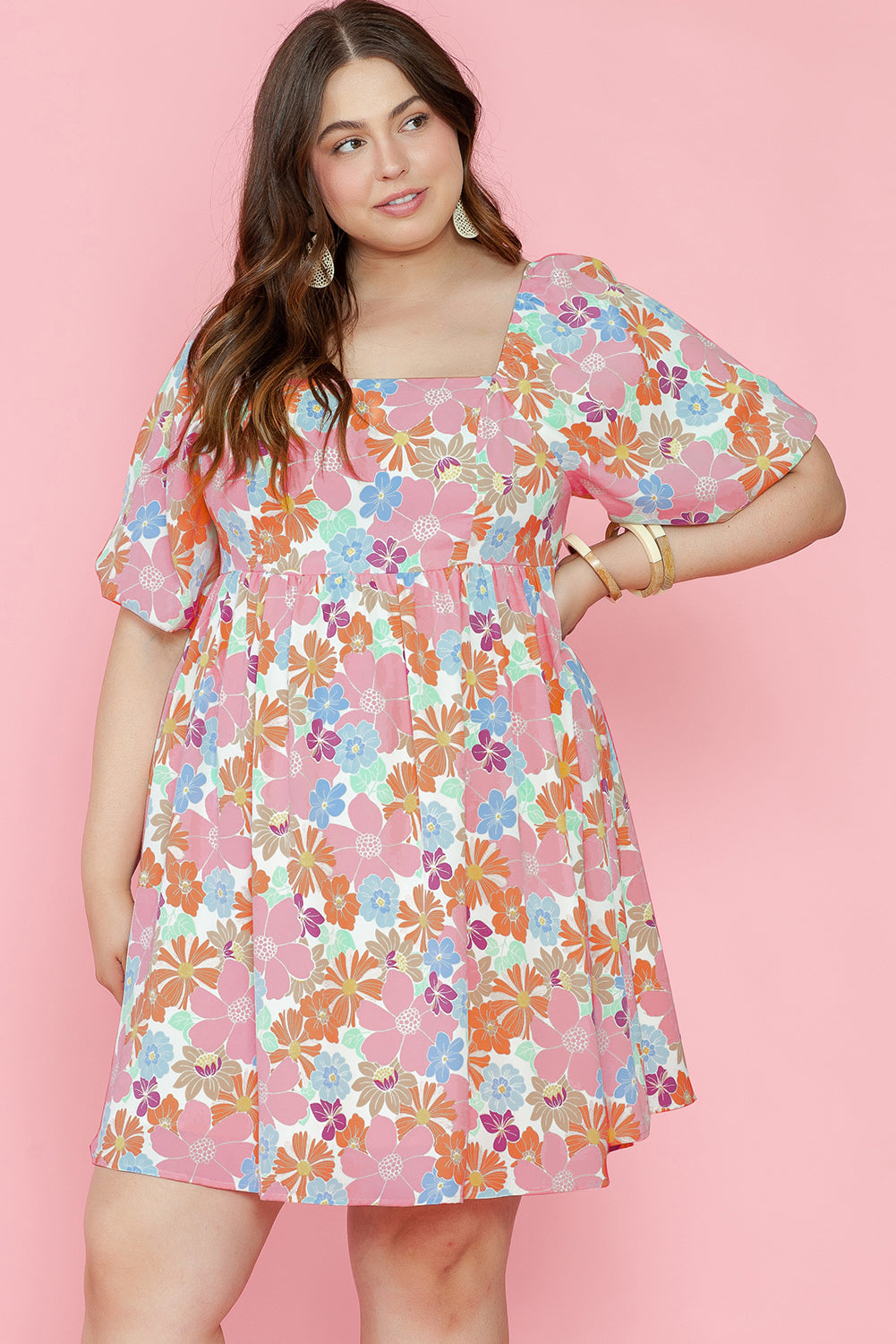 Multicolour Floral Puff Sleeve Square Neck Plus Size Babydoll Dress