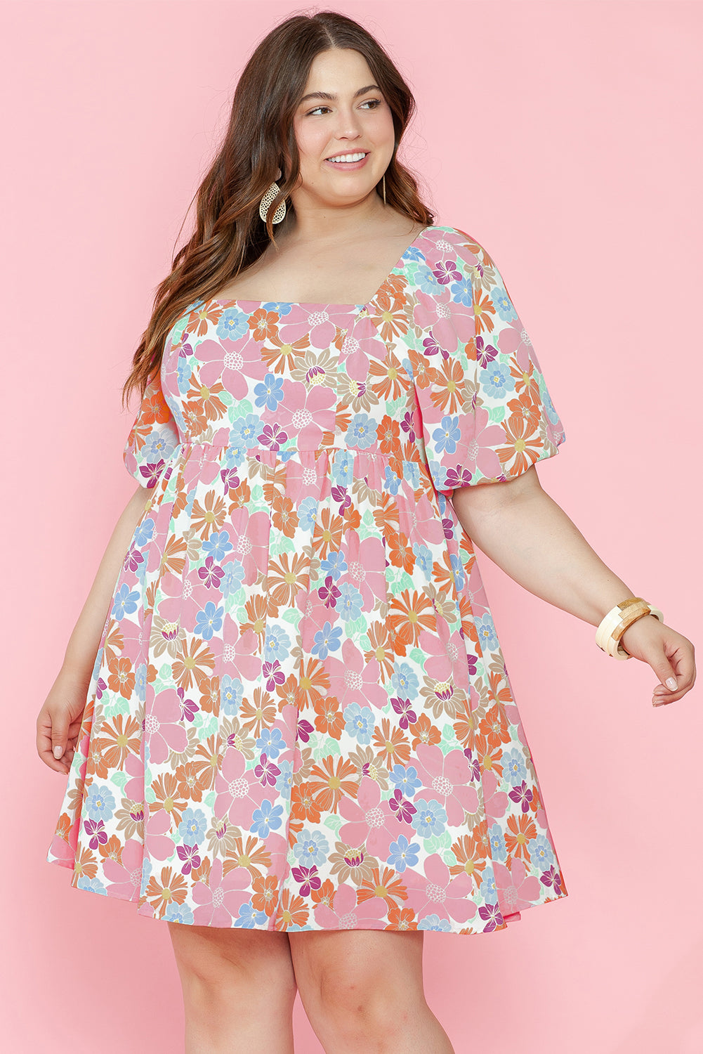 Multicolour Floral Puff Sleeve Square Neck Plus Size Babydoll Dress