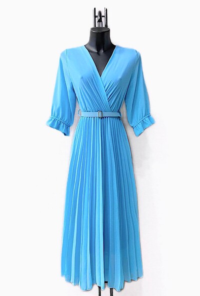 Blue Plain Belted Midi Dress