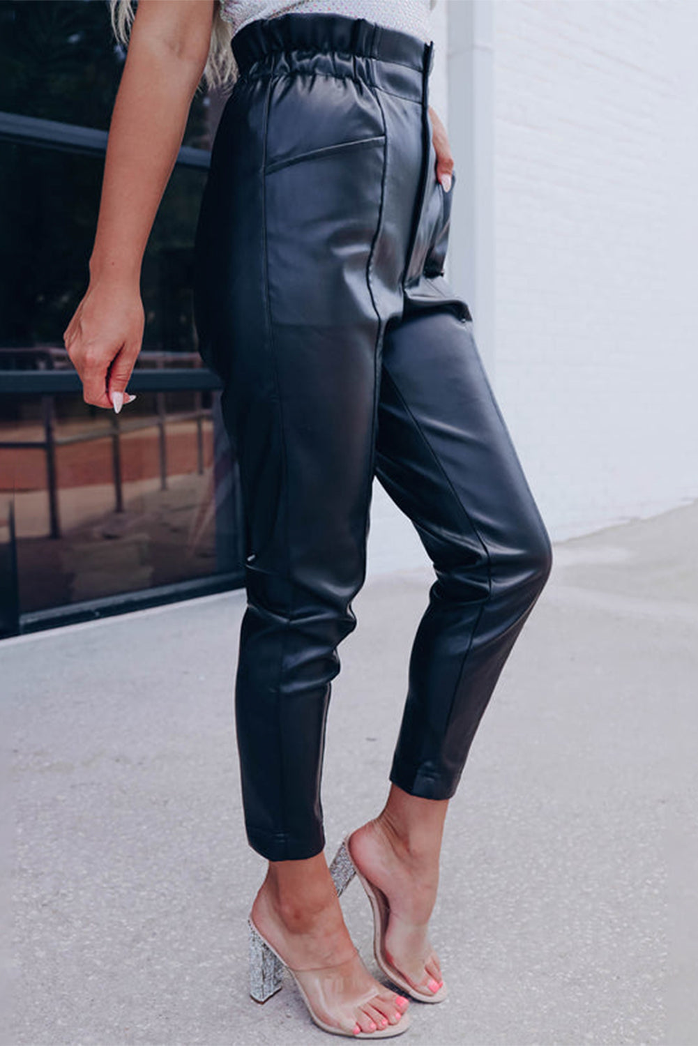 Black Smocked High Waist Faux Leather Skinny Trousers