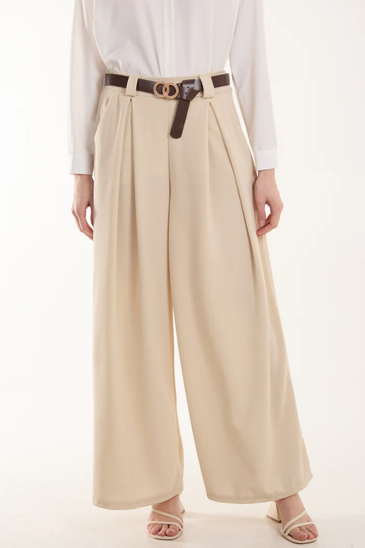 Beige Wide Leg Trousers with Pockets and Belt