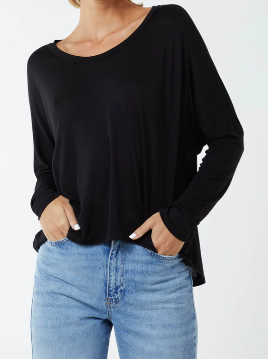 Long Sleeve High Low Top in Black Made in Italy