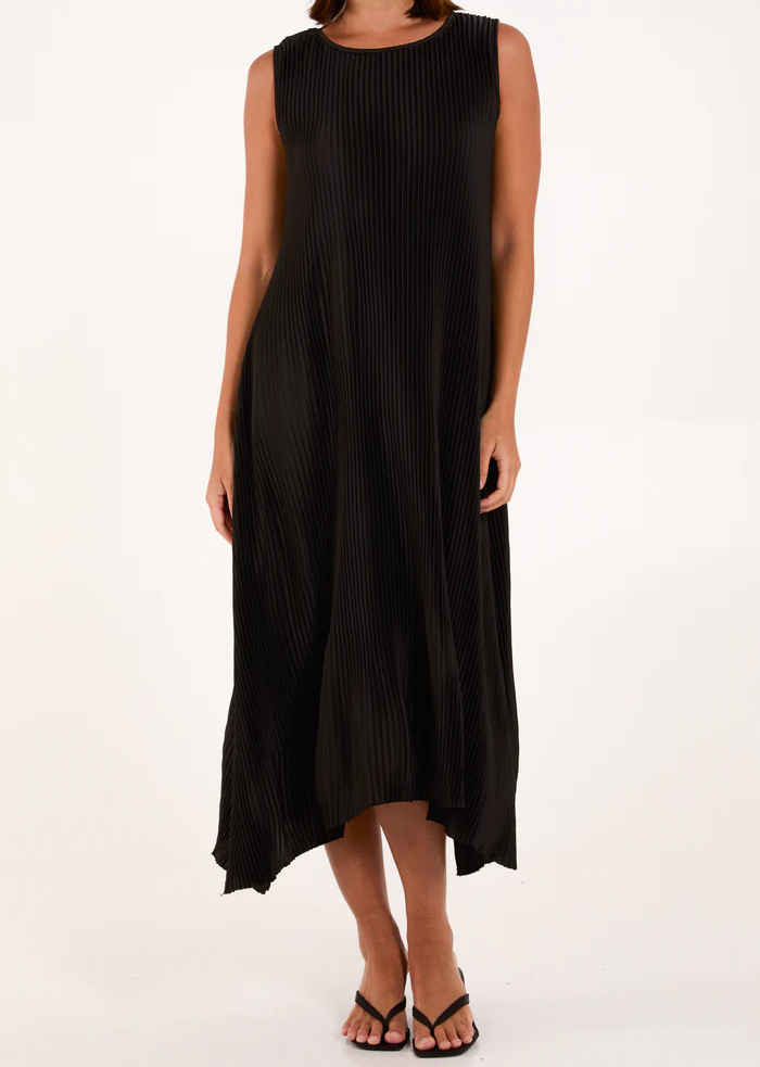 Satin Pleated Asymmetric Dress in Black