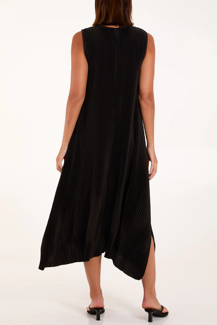 Satin Pleated Asymmetric Dress in Black