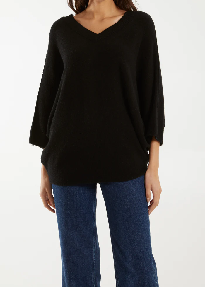 Double V Neck Soft Batwing Jumper in Black