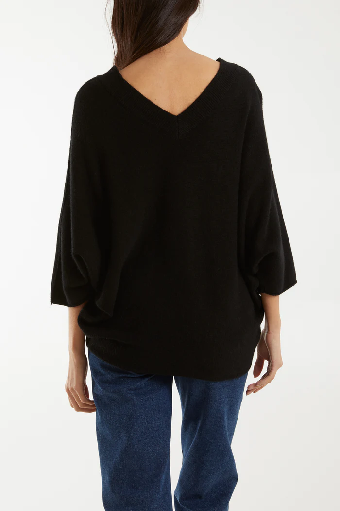 Double V Neck Soft Batwing Jumper in Black