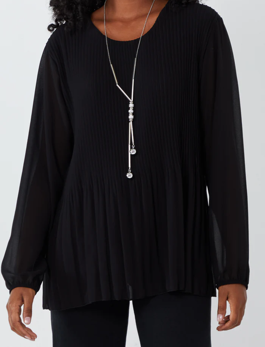 Black Long Sleeve Pleated Top with Necklace