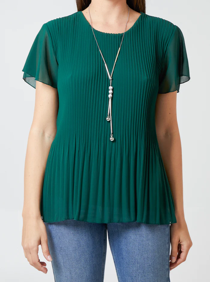 Green Pleated Top with Necklace