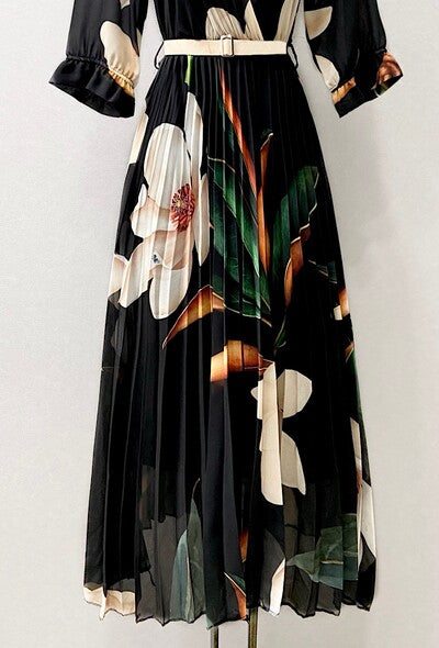 Black Floral Print Belted Midi Dress