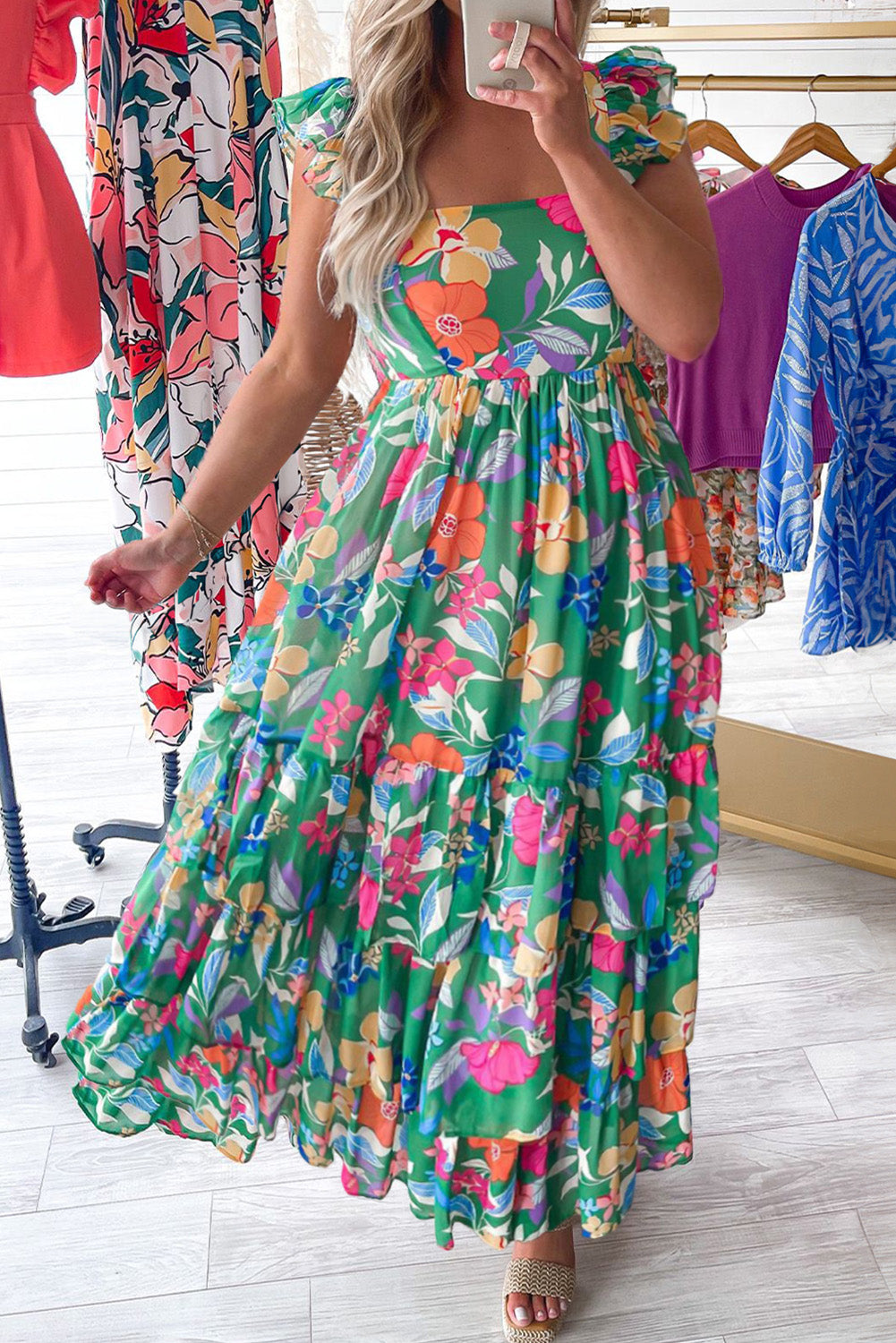 Green Floral Print Sleeveless Ruffle Tiered Maxi Dress Plus Size