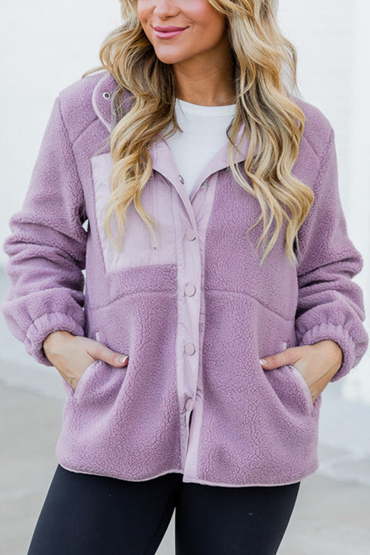 Purple Sherpa Contrast Trim Zipped Pocket Jacket