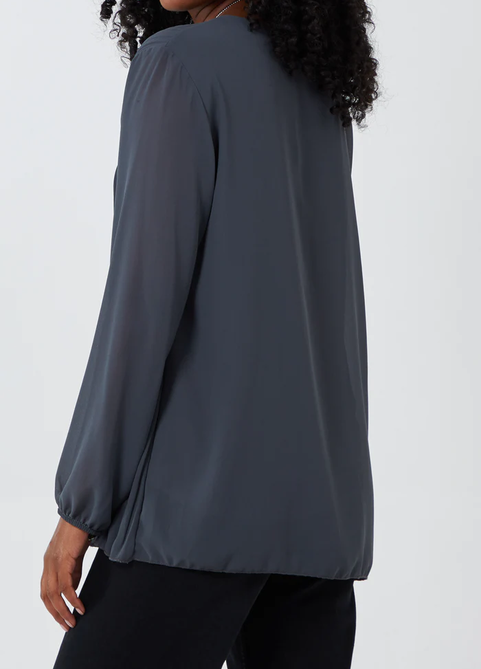 Charcoal Long Sleeve Pleated Top with Necklace