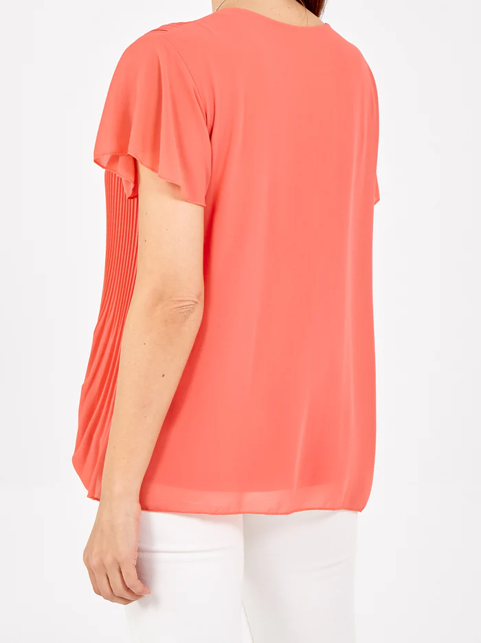 Coral Pleated Top with Necklace