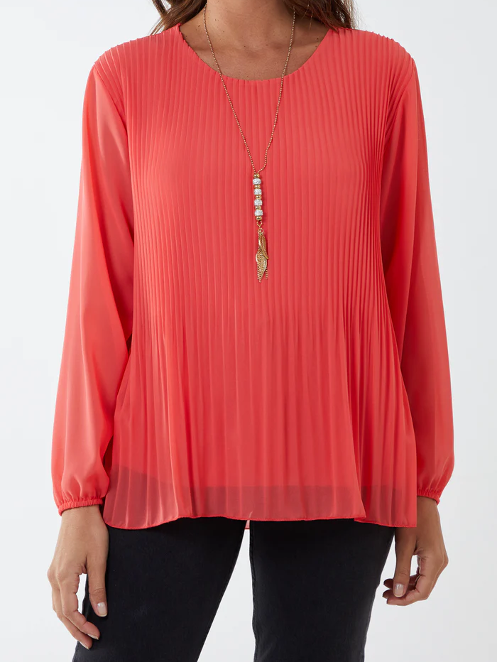 Coral Long Sleeve Pleated Top with Necklace